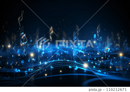Blue Music Notes, Glowing Neon on a Dark Background Blue Music Notes, Glowing Neon on a Dark Background 110212671