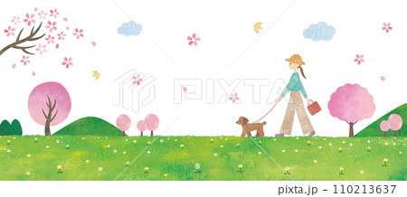 犬の散歩をする女性と桜の風景水彩画 110213637