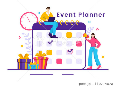 Event Planner Vector Illustration with Planning Schedule, Time Management, Business Agenda and Calendar Concept in Flat Cartoon Background Event Planner Vector Illustration with Planning Schedule, Time Management, Business Agenda and Calendar Concept in Flat Cartoon Background 110214878