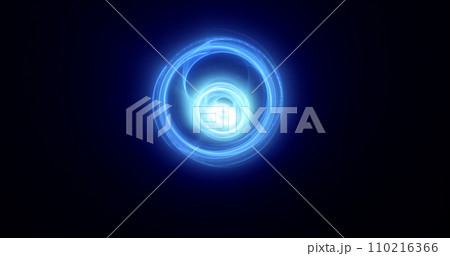 Abstract blue rings spheres from energy magic waves of smoke circles and glowing lines on a black background 110216366