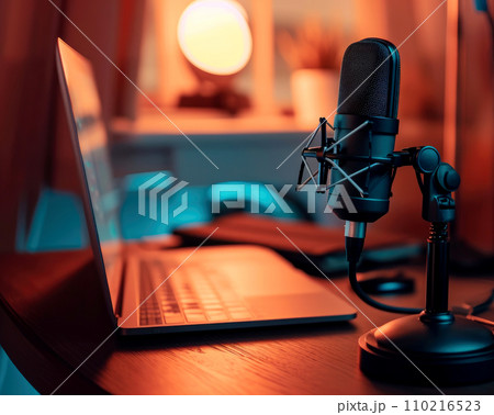 influencer or content creator recording a video podcast or YouTube video, studio microphone. with laptop .generative ai 110216523