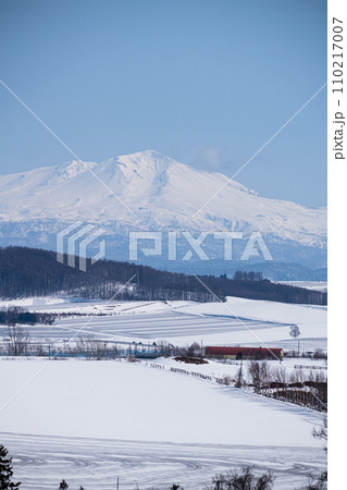 融雪剤が撒かれた雪の畑と山並み　大雪山 110217007