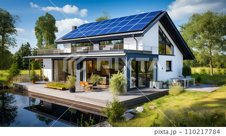 Modern House with Solar Panels Harnessing Clean Energy, Generative Ai 110217784