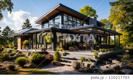Modern House with Solar Panels Harnessing Clean Energy, Generative Ai 110217785