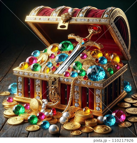 宝石や金貨が溢れ出る宝箱。成功者の証。AI画像。 宝石や金貨が溢れ出る宝箱。成功者の証。AI画像。 110217926