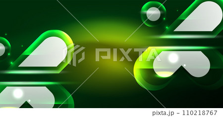 Neon glowing geometric shapes vector abstract background. Round elements, light effects and glass glossy style with color backdrop. Space cosmic or magic energy wallpaper 110218767