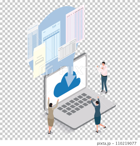 Illustration of people who are happy that their electronic ledger storage has gone well 110219077