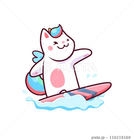 Cartoon surfing kawaii caticorn cat and kitten pet character. Fantasy creature, magical funny kitten or fairytale caticorn isolated vector mascot. Magic unicorn cat comical personage surfing on waves 110219160