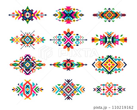 Mexican tribal patterns. Ethnic motif ornament. Native American abstract ornaments, Aztec tribe isolated vector triangle geometric patterns print or Mexico traditional embroidery graphic decorations 110219162