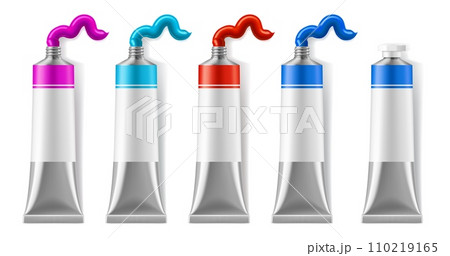 Oil paint realistic tubes packaging mockup. Acrylic paint packaging or art liquid pigments isolated 3d squeeze metal tubes. Artist palette pink, blue and red colors pack mock up 110219165