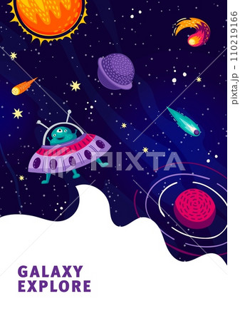 Cartoon alien flying on UFO saucer at starry galaxy space to planets, vector background. Space adventure and galaxy exploration poster with martian spaceship or alien UFO in starry sky with asteroids Cartoon alien flying on UFO saucer at starry galaxy space to planets, vector background. Space adventure and galaxy exploration poster with martian spaceship or alien UFO in starry sky with asteroids 110219166