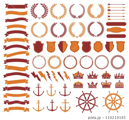 Vintage badge, seal, retro arrow, ribbon and label, anchor and shield, laurel wreath and crown design elements. Guarantee certificate, diploma anchors, arrows, lightning bolts premium decorations set 110219185
