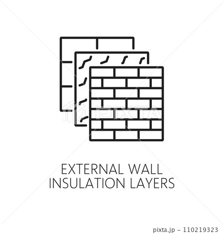 External wall thermal insulation layers icon. House construction thermal isolation cross section line sign, home facade energy save and heat protection system thin line vector pictogram or symbol 110219323