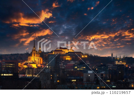 Brno city in the Czech Republic. Europe. Petrov - Cathedral of Saints Peter and Paul and Spilberk castle. Beautiful old architecture and a popular tourist destination. Night photography of the city 110219657