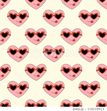 Seamless Pattern with Heart Pink Character for Valentine Day in sunglasses. Smile and show tongue. Mascot in groovy and Y2k style. Vector cartoon illustration. 110219913