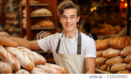 Friendly and Welcoming Salesman Assisting Customers with a Warm Smile at the Bakery Counter 110220002