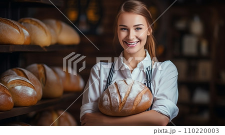 Cheerful Saleswoman Wearing Apron and Serving Customers with a Smile in the Bakery Shop 110220003