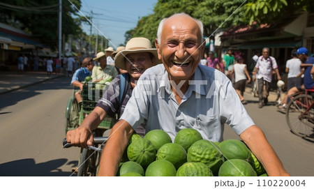 Friendly greengrocer delivering a variety of fresh fruits to the local green grocery store 110220004