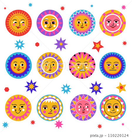 Sun and stars, funny sunny faces with expression Sun and stars, funny sunny faces with expression 110220124