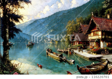 Reflection of trees and building in lake with nautical vessel. Reflection of trees and building in lake with nautical vessel. 110220701