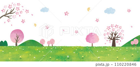 桜と野原の景色水彩画 110220846