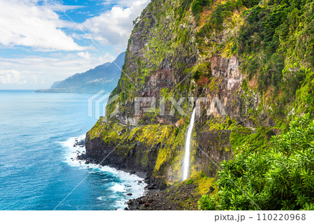Beautiful view of Cascata do Veu da Noiva waterfall near Porto Moniz and Seixal. Madeira, Portugal Beautiful view of Cascata do Veu da Noiva waterfall near Porto Moniz and Seixal. Madeira, Portugal 110220968