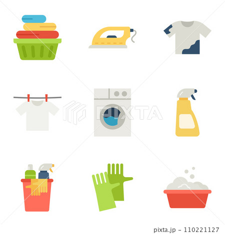 Laundry icon set. Dryer, Washing machine and dirt shirt. Laundromat, hand washing, laundry service. Laundry icon set. Dryer, Washing machine and dirt shirt. Laundromat, hand washing, laundry service. 110221127