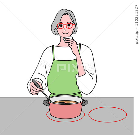 料理中に味見するシニア女性のイラスト素材 [110221227] - PIXTA