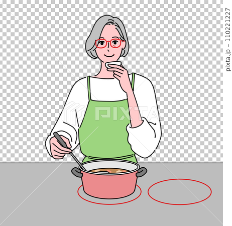 老婦人一邊煮飯一邊品嚐 110221227