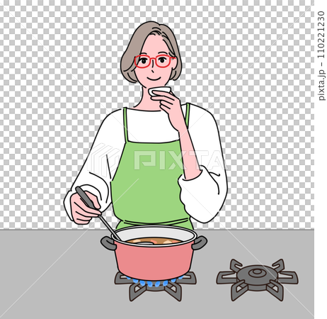 Middle-aged woman tasting food while cooking 110221230