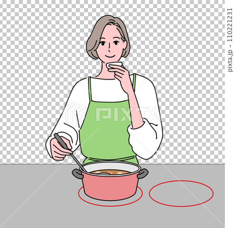 Middle-aged woman tasting food while cooking Middle-aged woman tasting food while cooking 110221231