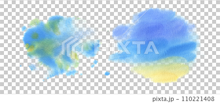 Background with blue sky, turquoise sea and yellow sand in the shape of a spot with blurred, soft edges and splashes. Watercolor illustration drawn by hand. Set of isolated on a white background. Background with blue sky, turquoise sea and yellow sand in the shape of a spot with blurred, soft edges and splashes. Watercolor illustration drawn by hand. Set of isolated on a white background. 110221408