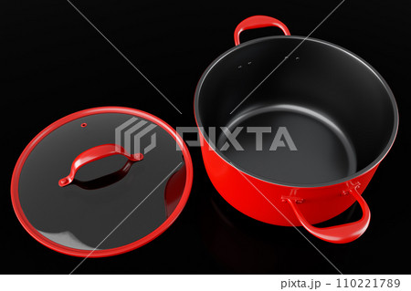 Stainless steel cooker with lid and chrome cookware on black background Stainless steel cooker with lid and chrome cookware on black background 110221789