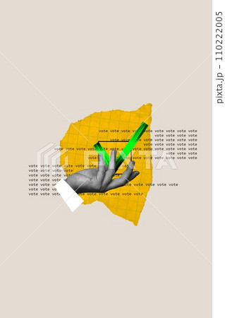 Human hand holding green check mark, choosing candidate on voting process. Contemporary art collage. Human hand holding green check mark, choosing candidate on voting process. Contemporary art collage. 110222005