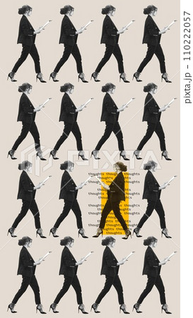 Young woman in formal wear looking on project, choosing candidate for presidential position. Voting. Contemporary art collage. 110222057