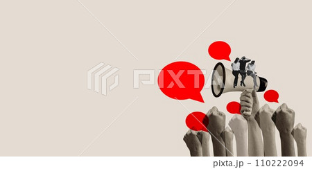 Young people sitting on megaphone with many hands and speech bubble. Opinion of society. Contemporary art collage. Young people sitting on megaphone with many hands and speech bubble. Opinion of society. Contemporary art collage. 110222094
