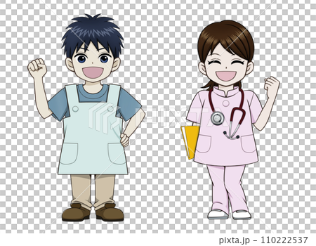 Illustration of a nurse doing a fist pump and a man wearing an apron 110222537