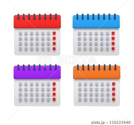 Set of Four Vector Calendar Icons with Red, Blue, Purple, and Orange Headers and Marked Dates Set of Four Vector Calendar Icons with Red, Blue, Purple, and Orange Headers and Marked Dates 110222640