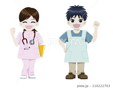 ガッツポーズをする看護師とエプロン姿の男性のイラスト 110222703