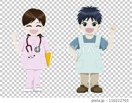 ガッツポーズをする看護師とエプロン姿の男性のイラスト 110222703