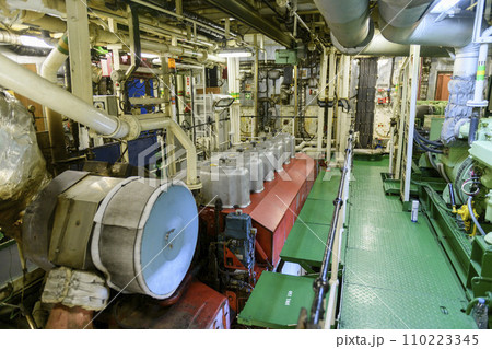 Main engine, Inside engine room on big ship, Marine engine on vessel. 110223345