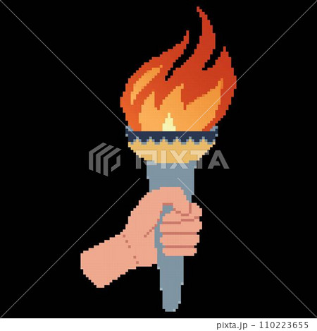 Pixel art Hand holding a torch. Sport symbol, flat vector illustration design. 110223655