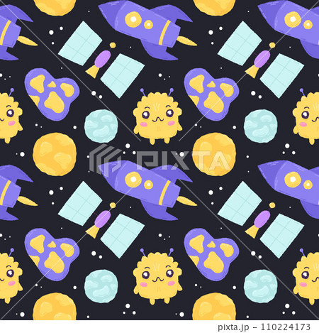 Baby cute seamless pattern with space elements on dark background. Hand drawn flat cartoon style. Vector illustration 110224173