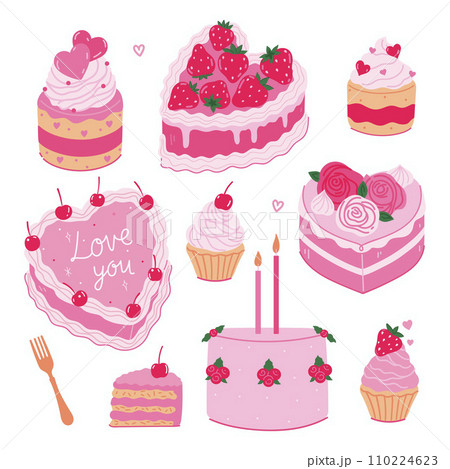 Set of cute pink cakes with strawberries and cherries isolate on a white background. Vector graphics. 110224623