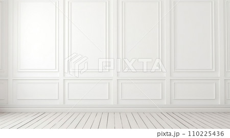 AI-generated content. Empty white panelling wall background, classical design, with light colored floors. Mock up 110225436