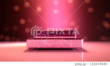 Shiny pink stand display for festive product presentation with glitter and bokeh, Valentines day background. Generative AI 110225644