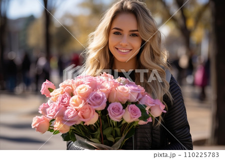 Radiant and happy woman holding a stunning bouquet of pink roses, expressing joy and love 110225783
