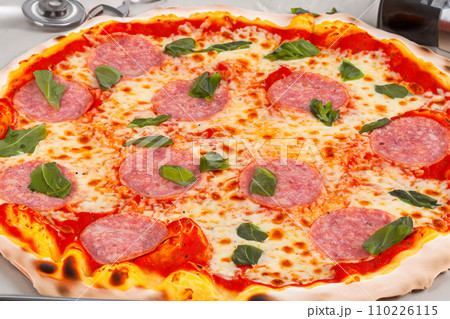 Pizza. Homemade pizza. Delicious pizza. Freshly made Italian margherita pizza with buffalo mozzarella and basil. Pizza with cheese, tomato sauce. Wood oven. World Pizza Day. February 9. 2024. Pizza. Homemade pizza. Delicious pizza. Freshly made Italian margherita pizza with buffalo mozzarella and basil. Pizza with cheese, tomato sauce. Wood oven. World Pizza Day. February 9. 2024. 110226115