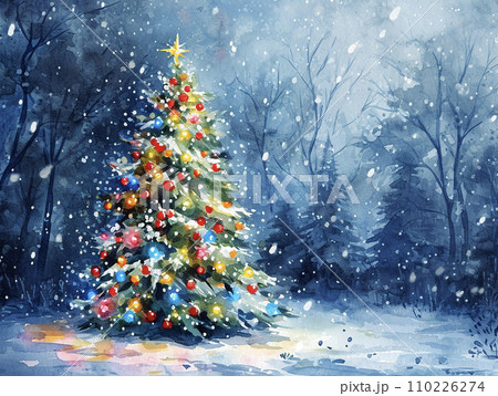 雪の降る森の中のクリスマスツリー AI画像のイラスト素材