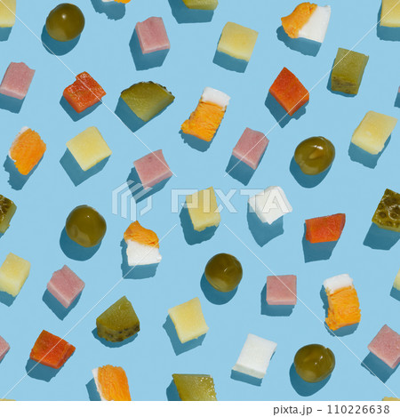Seamless pattern of Olivier salad ingredients on blue background 110226638
